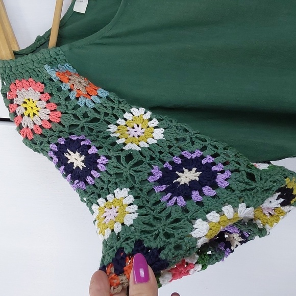 Umgee Green Top with Multicolor Crochet Sleeves Boho Linen Trendy Sz.XL - Picture 2 of 8